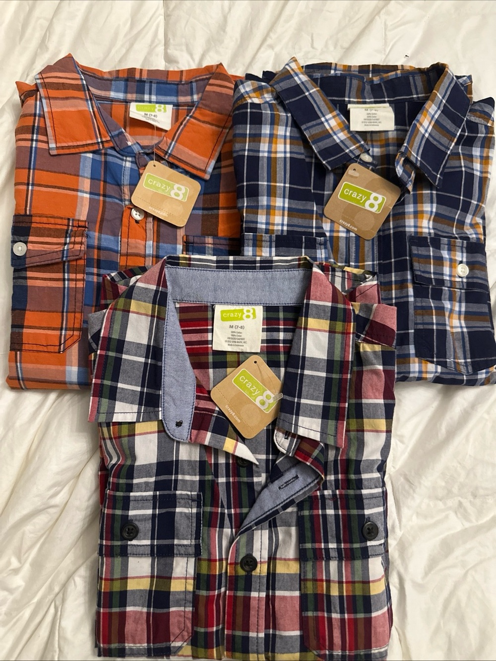Boys Lot of 3 Crazy 8 Plaid Button-Down Short Sleeves Shirts Size M(7-8)